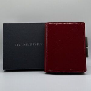 Burberry Check Clasp Bifold Folio Wallet Red Patent Leather w/ Box